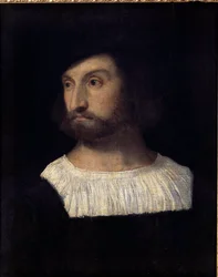 Porträtt av Alfonso I av Este, hertig av Ferrara (1476-1534) Målning tillskriven Tiziano Vecellio kallad Titian (1485-1576) 1500-talet. Besançon. Museum of Fine Arts
