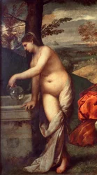 Bandkonserten Musiker på gräs, kvinnor är nakna. Detalj av en av dem som fyller sin kanna till fontänen. Målning tillskriven Tiziano Vecellio dit le Titian (1485-1576) eller Giorgio da Castelfranco dit Giorgione (1476/1478-1510) Sön. 1,05 X 1,36 m pari