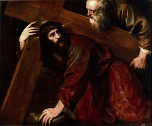 Kristus och Simon från Kyrene - Simon från Kyrene hjälper Jesus att bära sitt kors. Målning av Tiziano Vecellio, kallad Tizian (1485-1576)