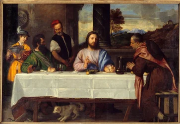 Middag på Emmaus Möt Jesus med peleriner. Målning av Tiziano Vecellio dit le Titian (1485-1576) 1500-talet sön. 1,69x2,44 m