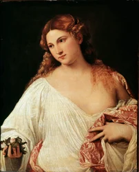Flora. Målning av Tiziano Vecellio, kallad Tizian, omkring 1515. Mått 64 x 80 cm. Uffizierna, Florens