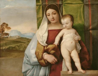 ""Madonna zingarella"" (La madone bohemienne) (The Gipsy Madonna) Målning av Tiziano (Titian eller Titian) (1488-1576) cirka 1510 - Olja på trä Dim 65,5x83,5 cm Konsthistoriska museet, Wien