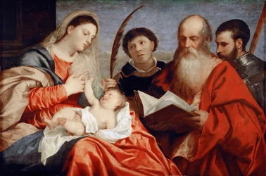 Jungfrun och barnet med de heliga Stefanus, Hieronymus och Maurice - Tizian (1488-1576). Olja på trä, c. 1520. Mått : 92,7x138 cm. Konsthistoriska museet, Vienne