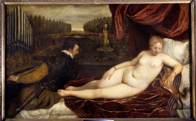 Konserten Un woman nude lie en pres un homme som spelar orgel. Målning av Tiziano Vecellio kallad Tizianen (1485-1576)