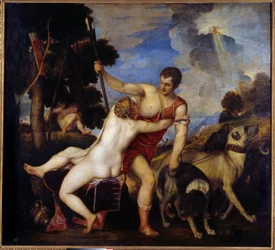 Venus och Adonis. Målning av Tiziano Vecellio sa The Titian (1485-1576)