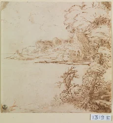 Vy över en bergig kust (bläck på papper)