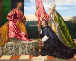 Holländska: Jacopo Pesaro, biskop av Paphos, presenteras av påven Alexander VI Borgia till Sankt Peter Jacopo Pesaro, biskop av Paphos, presenteras av påven Alexander VI till Sankt Peter