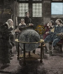 John Milton (1608-1674) besöker Galileo Galilei (Galilei) i hans fängelse hos inkvisitionen i Arcetri nära Florens år 1640. 1800-talsgravyr efter en målning av T. Lessi.