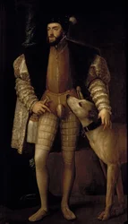 Karl V (1500-58) tysk-romersk kejsare och kung av Spanien med sin hund, 1533