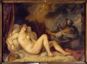 Danaë tar emot det gyllene regnet. Zeus kommer till Danaë för att förföra henne i form av ett regn av guldmynt. Målning av Tiziano Vecellio, kallad Tizian (1488-1576), 1553. 1,29 x 1,8 m. Madrid, Pradomuseet
