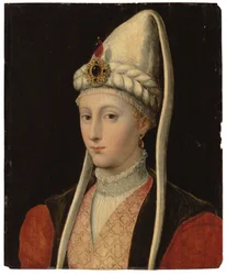 Bröstbild av en kvinna, möjligen Haseki Hürrem Sultan, kallad Roxelana, i osmansk dräkt och med en juvelbesatt huvudbonad
