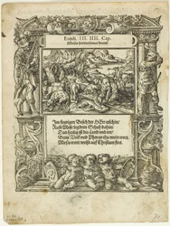 Moses and the Burning Bush (recto) och The Infant Moses Put into the River (verso) från Neue künstliche Figuren biblischer Historien, plåt 55 från Woodcuts from Books of the XVI Century