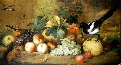 Ett stilleben av frukt med en skata och en röd ekorre (olja på duk)
