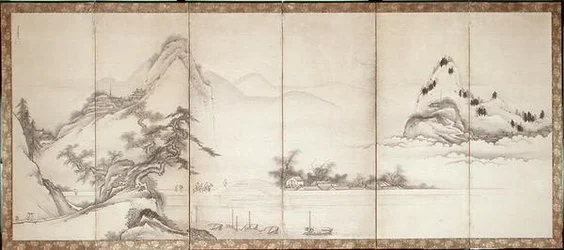Resenärer på en bro vid sjön, ca 1700 (bläck och färg på papper)