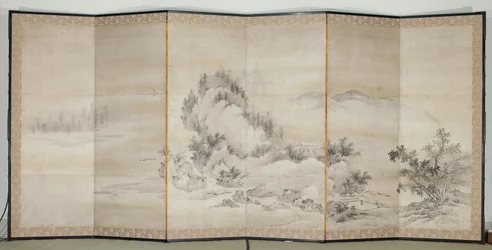Landskap, tidigt 1600-tal (Par skärmar med sex paneler; bläck och guld på
papper)