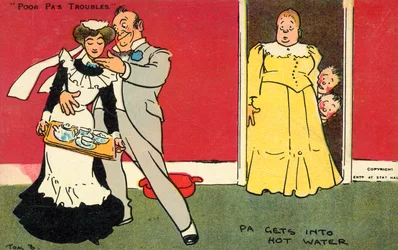 Pappa hamnar i varmt vatten (chromolitho)