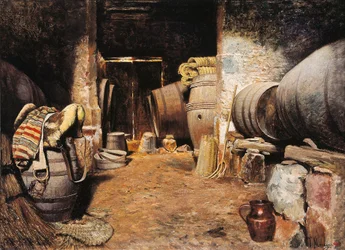 Insidan av en cell. Ladugård med tunnor i hö och hästsadel. Målning av Tomas Moragas Y Torras (1837-1906), sent 1800-tal. Olja på duk. Barcelona, Kataloniens nationella konstmuseum.