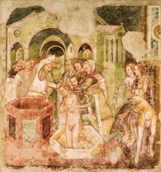 Legend of St Ursula: Baptism of Prince of England, av Tommaso da Modena (1326-1379), fresk, Church of Santa Caterina, Treviso