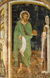 St Agnes och St John Baptist, detalj från kolumn dekorerad av Tommaso da Modena (1325 eller 1326-före 1379), fresk, St Nicholas Church, Treviso, Italien