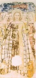 St Ursula i ära, detalj från Stories of St Ursula, av Tommaso da Modena (1326-1379), fresk, kyrkan Santa Caterina, Treviso