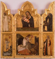 Träpolyptiken i guld med Jungfru och Barn, Kristi och heligas uppståndelse, av Tommaso da Modena (1326-1379).