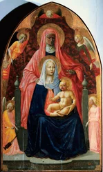 Madonna har barn med Saint Anne och Fem änglar Detrempe på trä av Masaccio (Tommaso di ser Giovanni di Mone Cassai) (1401-1428) 1424-1425 Mått 175x103 cm Florens, Galleria degli Uffizi (Kontor)
