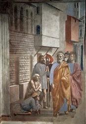 Sankt Petrus botar sjuka med sin skugga - Sankt Petrus skugga botar sjuka - fresk av Tommaso di ser Giovanni di Mone Cassai, kallad Masaccio (1401-1428), 229,8 x 161,9 cm