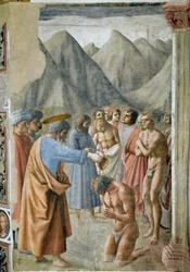 Sankt Peter döper neofyterna (St Peter som dopar nyfödarna) Fresk av Masaccio (Tommaso di ser Giovanni di Mone Cassai) (1401-1428) 1425-1427 Dim 229,9x161,9 cm Florenskyrkan Santa Maria del Carmine, Brancacci kapell