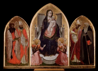 San Giovenale-triptyken: Jungfrun och barnet, vänster panel med Sankt Bartolomaios och Sankt Blasius, samt höger panel med Sankt Juvenalis (Giovenale) - altartavla