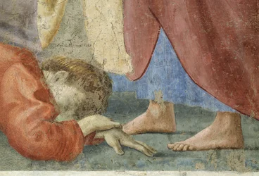 St. Peter som distribuerar kyrkans gemensamma gods, och Ananias död, Detalj av Ananias, död vid St. Peters fot, ca 1427 fresk se även 57194, 63322 & 63323