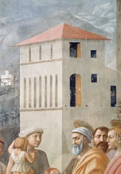 St. Peter som distribuerar kyrkans gemensamma gods och Ananias död, Detalj av bakgrundsarkitekturen, fresk ca 1427, se även 57194, 63321 & 63322