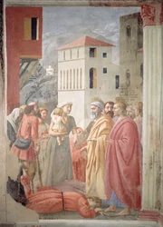 St Peter distribuerar kyrkans gemensamma gods och Ananias död, ca 1427