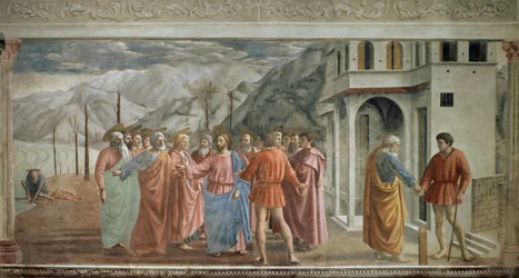 Tribute Money - Le paiement du tribut (Hyllningen) - Fresco av Tommaso di ser Giovanni di Mone Cassai dit Masaccio (1401-1428), 254,5x598,3 cm