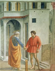 Hyllningspengar St. Peter betalar skatteindrivaren - detalj av 31642, fresk ca 1427