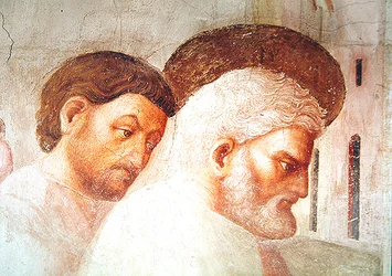 Detalj av St Peters huvud, från upphöjelsen av Tabitha, c.1427