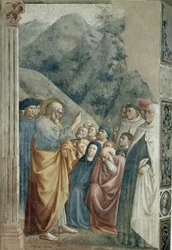 Predikation av St. Peter - Fresco av Tommaso di Cristoforo Fini dit Masolino da Panicale (1383-cirka 1440), 255x162 cm, cirka 1425. Florens, Santa Maria del Carmine-kyrkan, Brancacci-kapellet