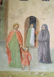 St. Peter som helar en krympling och uppfostran av Tabitha: detalj av avlägsna figurer: nunna och mor och barn, fresk ca 1427
