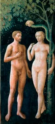 Adams och Evas frestelse. Fresk av Tommaso di Cristofano Fini, kallad Masolino da Panicale (1383-1440), 1424-1425. H. 208 x 88 cm. Florens, Chiesa di Santa Maria del Carmine, Cappella Brancacci