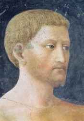 Frestelsen av Adam och Eva detalj av huvudet av Adam, c.1427 fresk