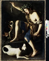 Ung herde som leker med en katt (Ung herde som leker med en katt). Målning av Tommaso Salini (cirka 1575-1625). Olja på trä
