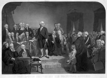 Washington håller sitt invigningstal i april 1789, pub. c.1850