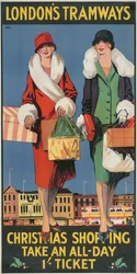 "Christmas Shopping, Take an All-Day 1- Ticket", London County Council LCC Tramways affisch, 1926