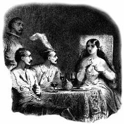En ung kvinna och tre män står framför glas med vin. -Detalj från en gravyr (etsning) av Tony Johannot (Antoine Johannot, dit