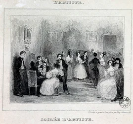 En konstnärskväll: boll och kortspel under en borgerlig kväll Teckning av Antoine Johannot dit Tony Johannot (1803-1852) 1831 Paris, Bibliotheque de l