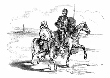 Don Quijote (Qijote, Quijote) rider på sin häst Rossinante med sin fidele squiyer Sancho Panza (Panca) på sin åsna. Illustration av Cervantes roman utgiven i Frankrike 1845 av Dubochet  Cie, översättning av Louis Viardot, gravyrer av Ony Johanno