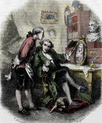 Illustration av "" Resan runt mitt rum"" (1794) av Xavier de Maistre. Illustration av Tony Johannot