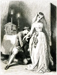 Suckande älskare knäböjer vid fötterna på sin vackra förlovning i en interiör med levande ljus - flicka i romantisk klänning och frisyr - gravyr (etsning 1845) av Tony Johannot (Antoine Johannot dit
