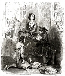 Prästen Pero Perez och barberaren Nicolas inspekterar böckerna i Don Quijotes bibliotek, ca 1850 (illustration)