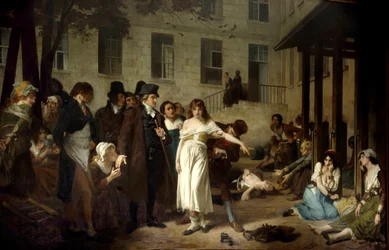 Doktor Philippe Pinel (1745-1826) befriar år 1795 personer med psykisk sjukdom från deras bojor på Salpêtrière-sjukhuset i Paris. Målning av Tony Robert-Fleury (1837-1912), 1800-talet, Paris, Salpêtrière-sjukhuset