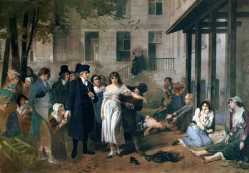Philippe Pinel (1745-1826) befriar psykiskt sjuka människor från deras kedjor på Salpêtrière-asylhemmet i Paris år 1795